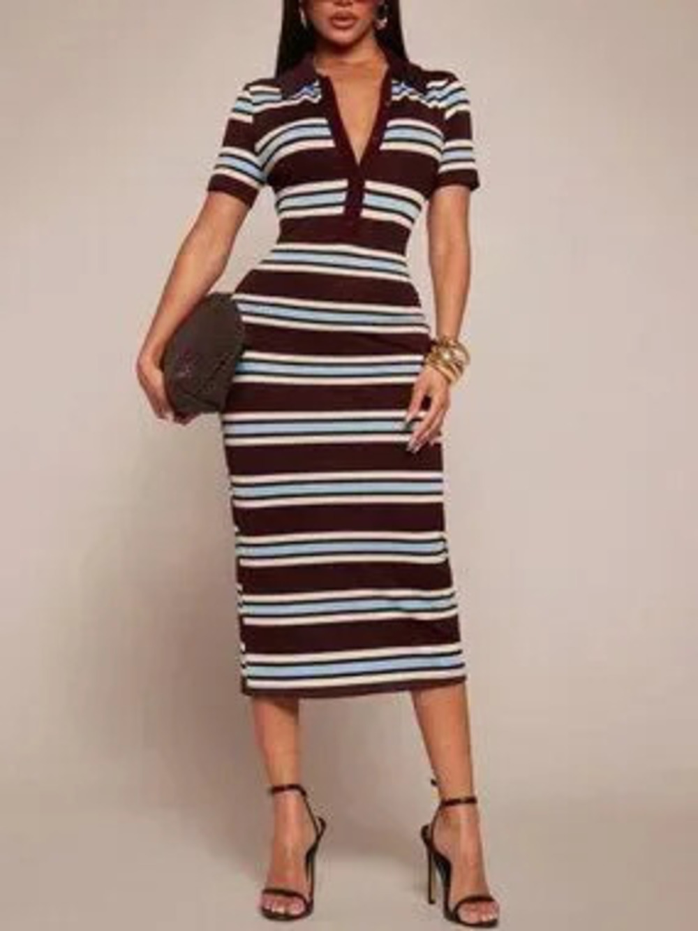 Multicolor Casual Women's Striped Short Sleeve Polo Collar Dress